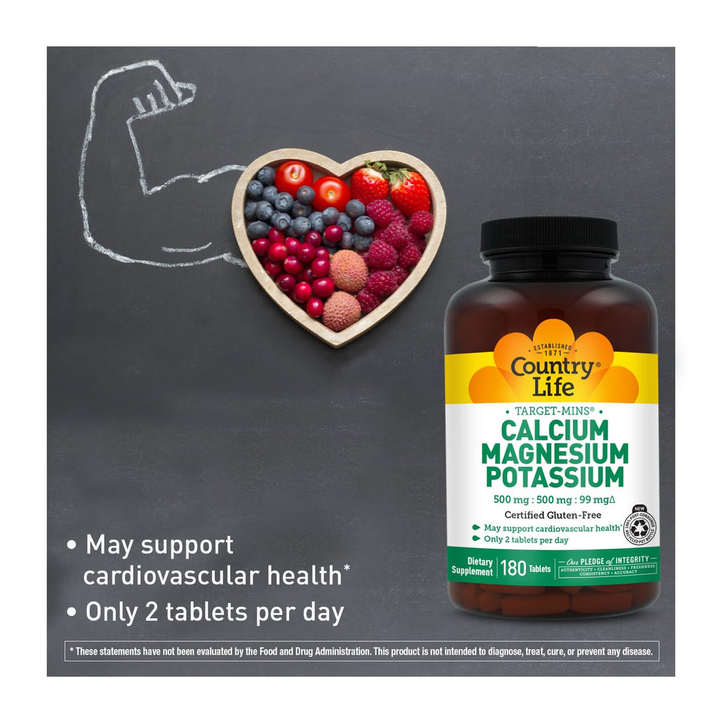 Country Life Target Mins - Calcium Magnesium Potassium Bone & Heart Health Supplement, 1000mg Calcium, 500mg Magnesium, Supports Calcium Utilization - FENGGESTORE20