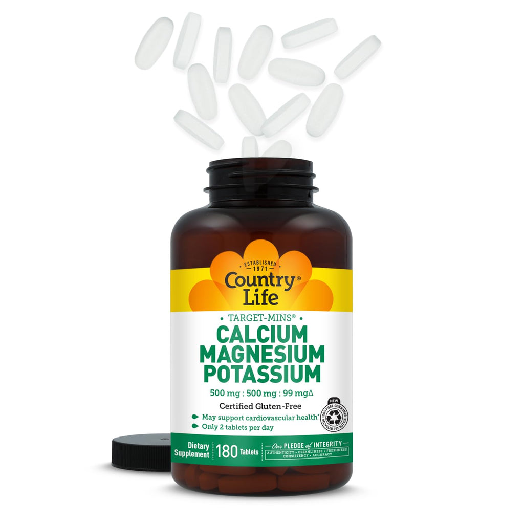 Country Life Target Mins - Calcium Magnesium Potassium Bone & Heart Health Supplement, 1000mg Calcium, 500mg Magnesium, Supports Calcium Utilization - FENGGESTORE20