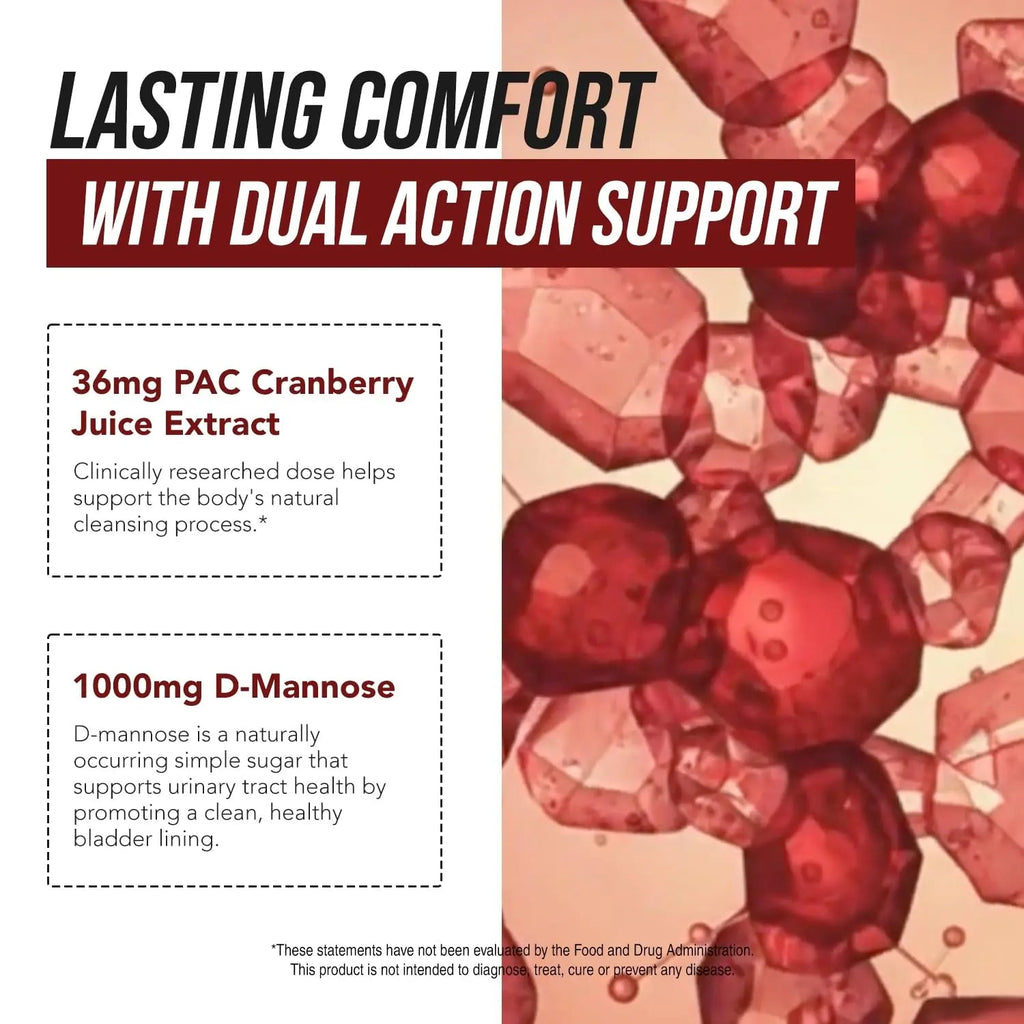 CranEaze®: Cranberry Juice Extract Plus D-Mannose – 36 mg PAC, 100% Soluble PAC - Supports Urinary Tract Health – Most Effective Cranberry Pills for Women, UTI Cranberry Supplement - 60 Capsules - FENGGESTORE20