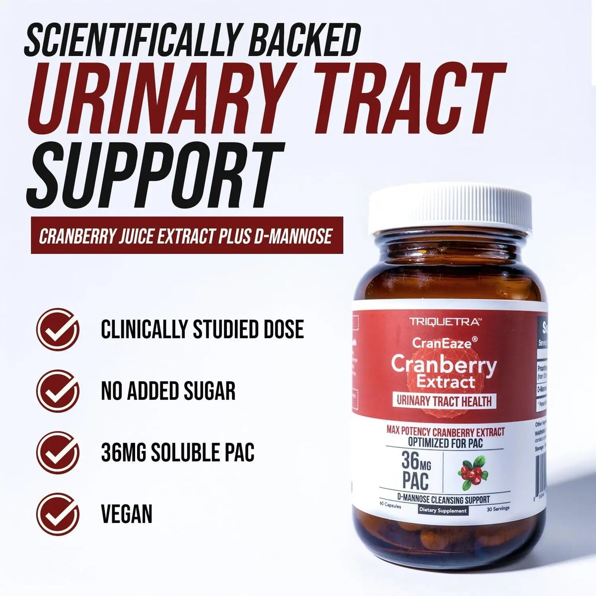 CranEaze®: Cranberry Juice Extract Plus D-Mannose – 36 mg PAC, 100% Soluble PAC - Supports Urinary Tract Health – Most Effective Cranberry Pills for Women, UTI Cranberry Supplement - 60 Capsules - FENGGESTORE20