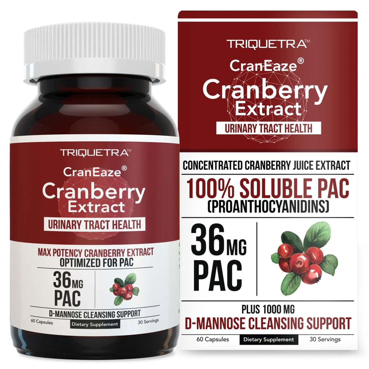 CranEaze®: Cranberry Juice Extract Plus D-Mannose – 36 mg PAC, 100% Soluble PAC - Supports Urinary Tract Health – Most Effective Cranberry Pills for Women, UTI Cranberry Supplement - 60 Capsules - FENGGESTORE20