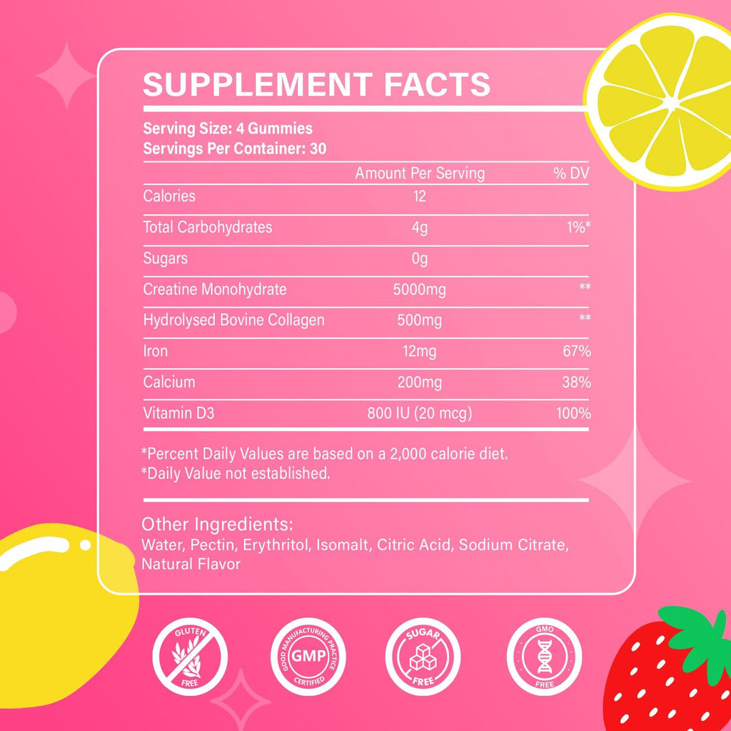 Creatine for Women, Creatine Monohydrate Gummies with Collagen, Vitamin D3 & Calcium for Muscles, Booty & Energy, Flavored Sugar Free Creatine Gummies Post - FENGGESTORE20