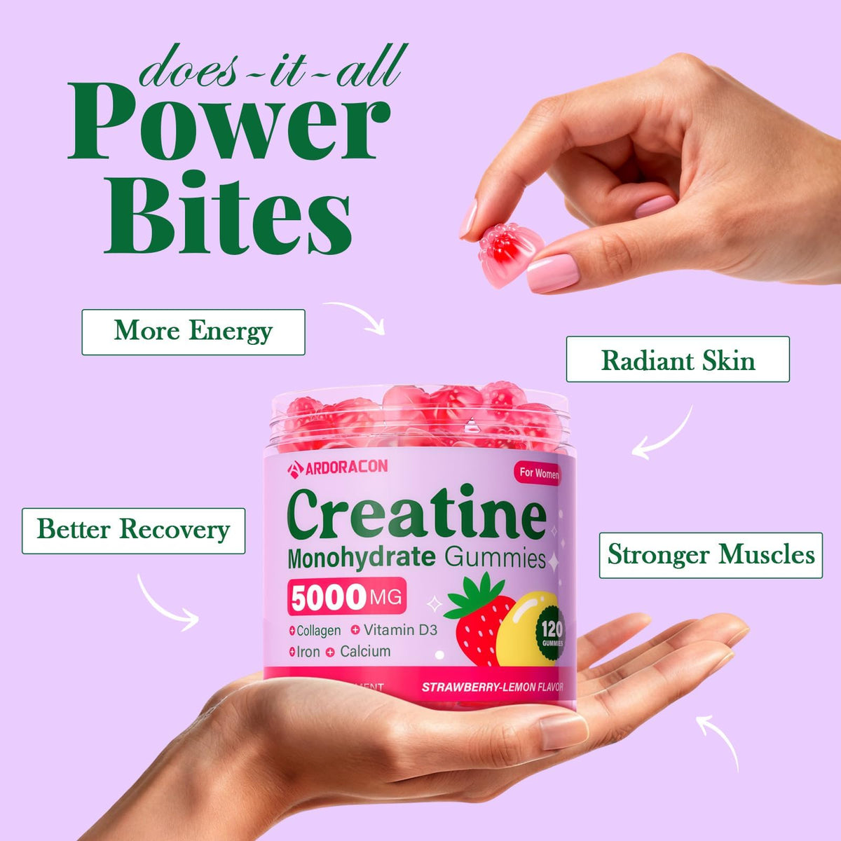 Creatine for Women, Creatine Monohydrate Gummies with Collagen, Vitamin D3 & Calcium for Muscles, Booty & Energy, Flavored Sugar Free Creatine Gummies Post - FENGGESTORE20
