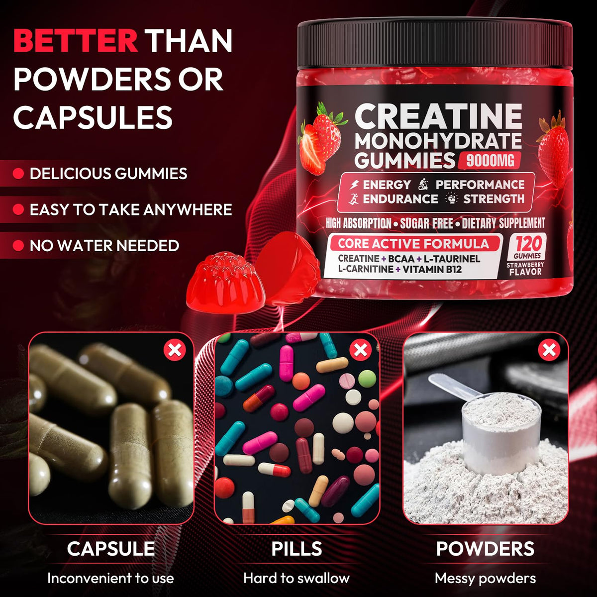 Creatine Gummies Monohydrate Complex 9000MG, Chewable Creatine Monohydrate Gummies for Men & Women with L-Taurine, BCAA 2:1, B12/6, Building Muscle - FENGGESTORE20