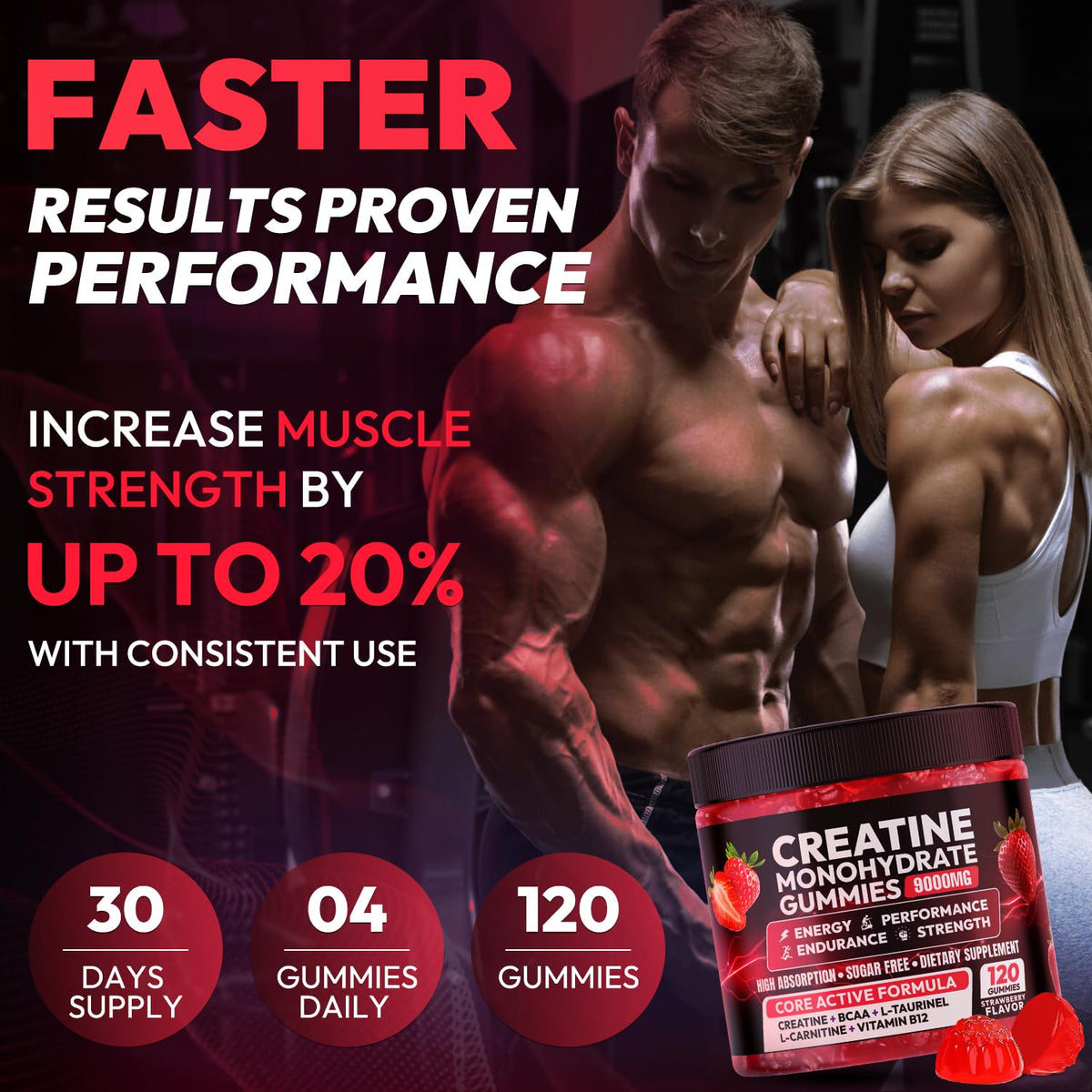 Creatine Gummies Monohydrate Complex 9000MG, Chewable Creatine Monohydrate Gummies for Men & Women with L-Taurine, BCAA 2:1, B12/6, Building Muscle - FENGGESTORE20