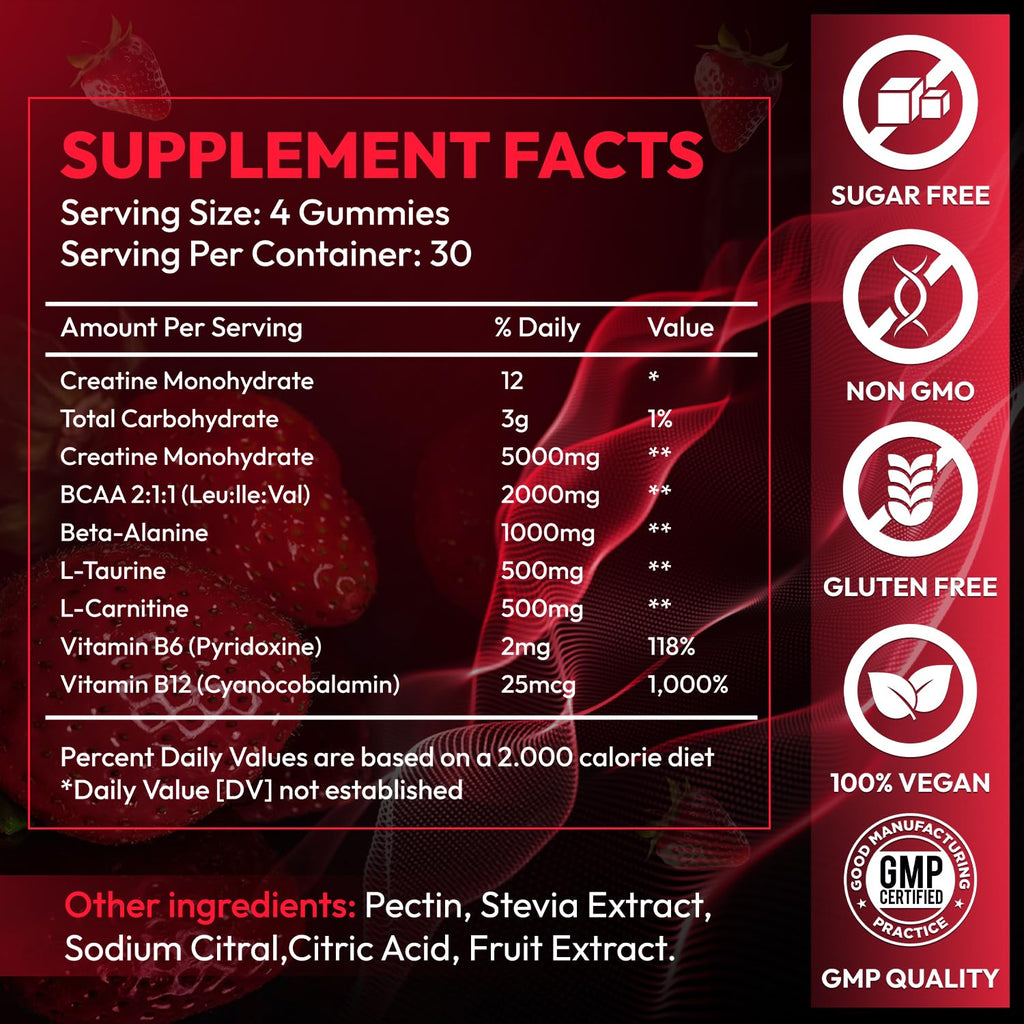 Creatine Gummies Monohydrate Complex 9000MG, Chewable Creatine Monohydrate Gummies for Men & Women with L-Taurine, BCAA 2:1, B12/6, Building Muscle - FENGGESTORE20