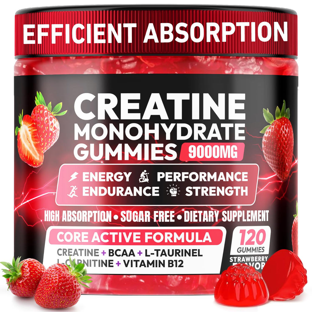 Creatine Gummies Monohydrate Complex 9000MG, Chewable Creatine Monohydrate Gummies for Men & Women with L-Taurine, BCAA 2:1, B12/6, Building Muscle - FENGGESTORE20