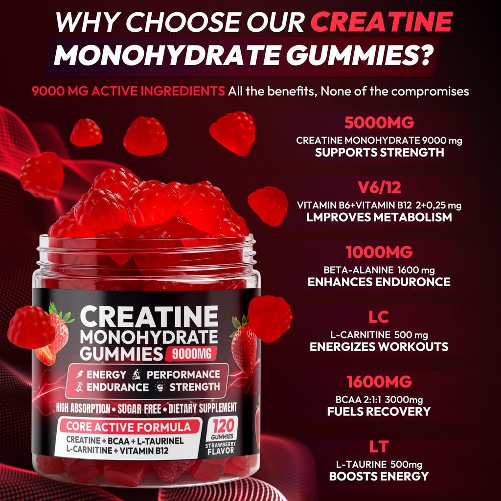 Creatine Gummies Monohydrate Complex 9000MG, Chewable Creatine Monohydrate Gummies for Men & Women with L-Taurine, BCAA 2:1, B12/6, Building Muscle - FENGGESTORE20