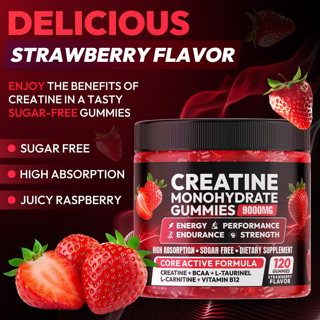 Creatine Gummies Monohydrate Complex 9000MG, Chewable Creatine Monohydrate Gummies for Men & Women with L-Taurine, BCAA 2:1, B12/6, Building Muscle - FENGGESTORE20