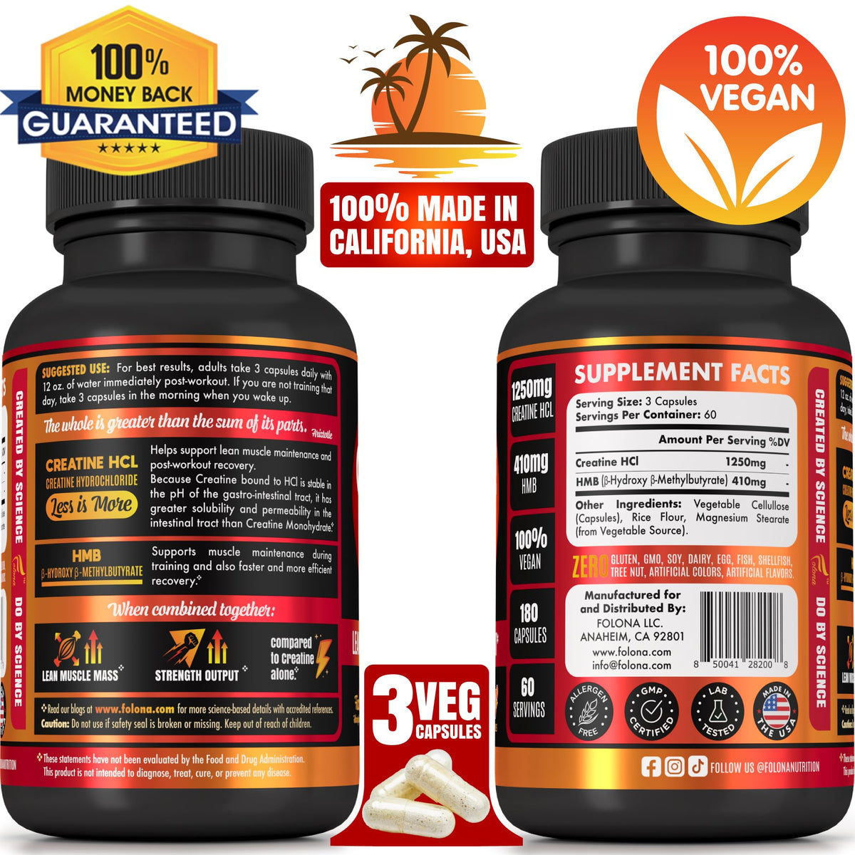 Creatine HCL Capsules with HMB - Workout Supplement for Men & Women, Muscle Builder, Endurance, Strength, Superior to Monohydrate: Instantized for Max Absorption, No Load - FENGGESTORE20