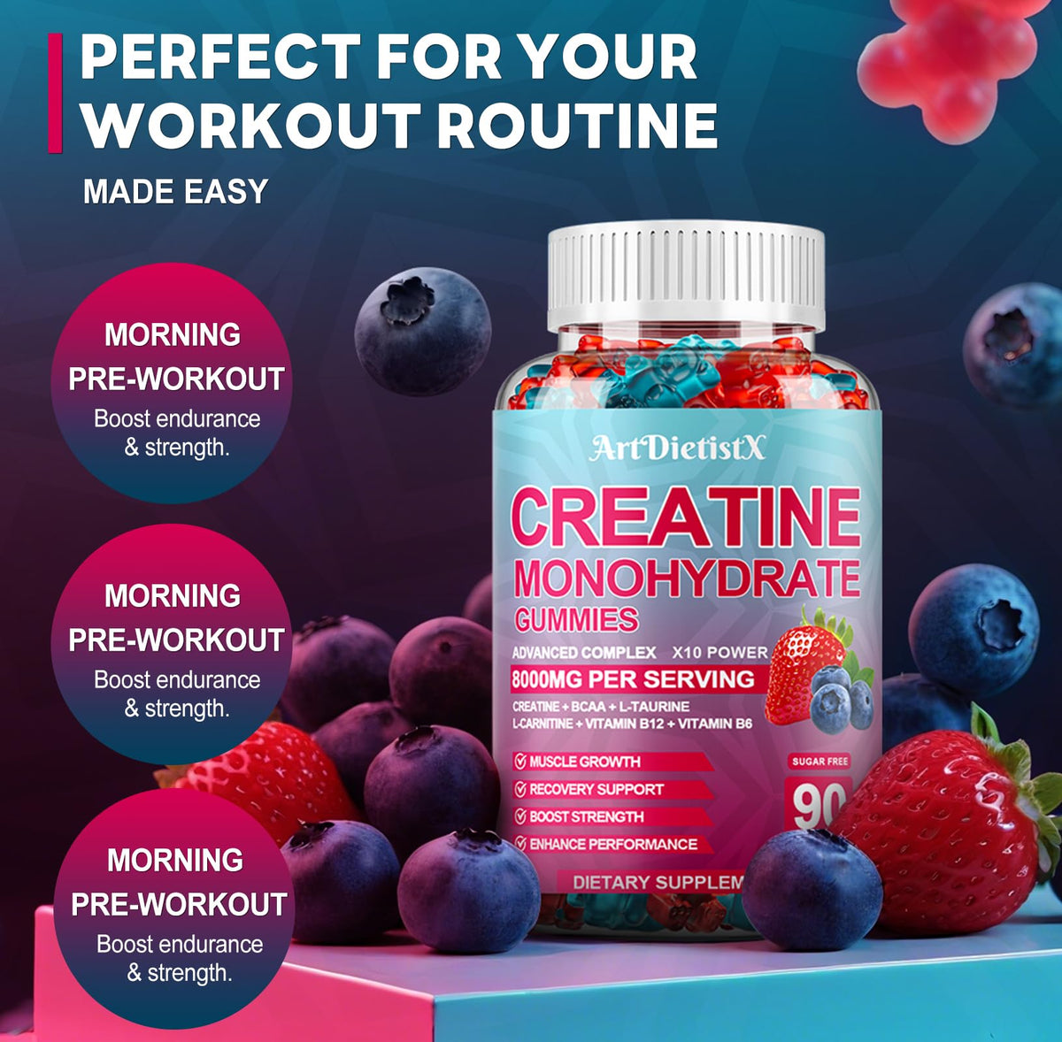 Creatine Monohydrate 8000mg Gummies with BCAA, L-Carnitine, Taurine & Vitamin B12 - Pre Workout Supplement for Muscle Growth, Strength & Energy, Multi-Flavor Chewable Gummies, - FENGGESTORE20