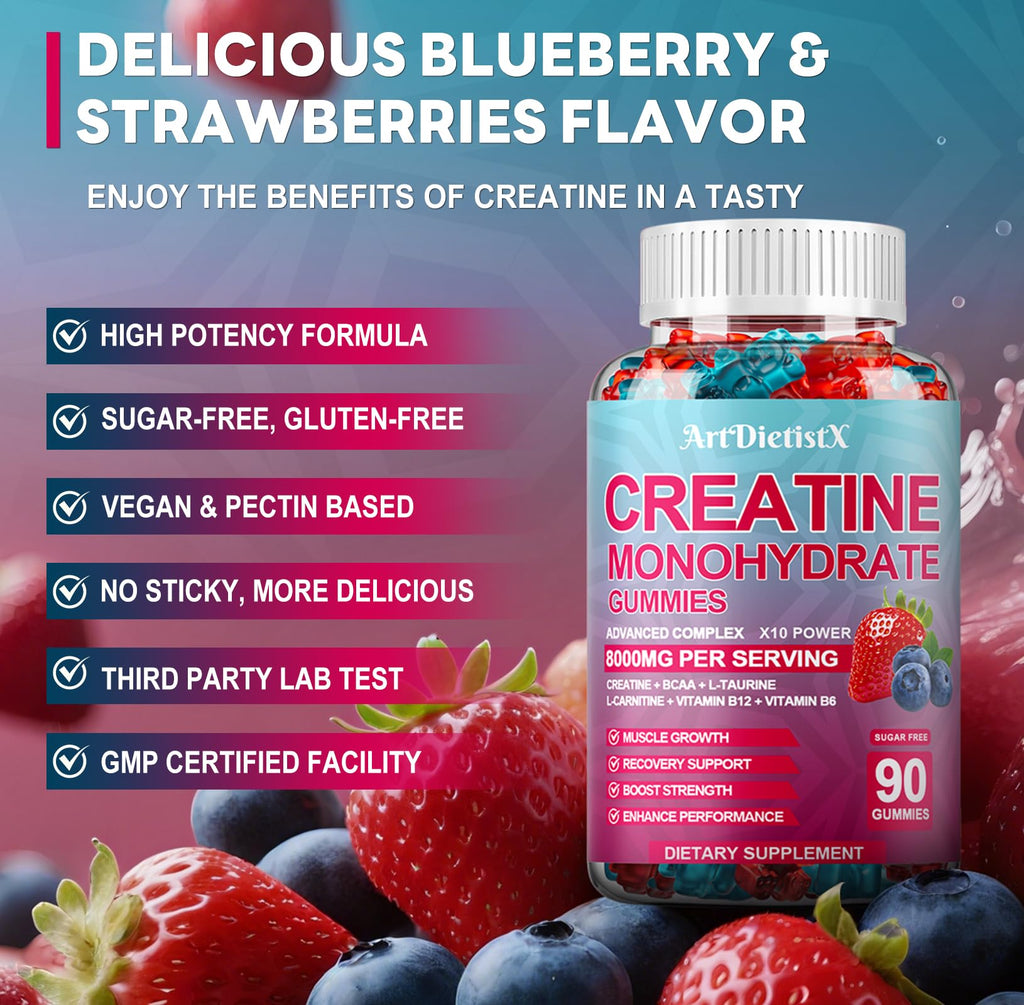 Creatine Monohydrate 8000mg Gummies with BCAA, L-Carnitine, Taurine & Vitamin B12 - Pre Workout Supplement for Muscle Growth, Strength & Energy, Multi-Flavor Chewable Gummies, - FENGGESTORE20