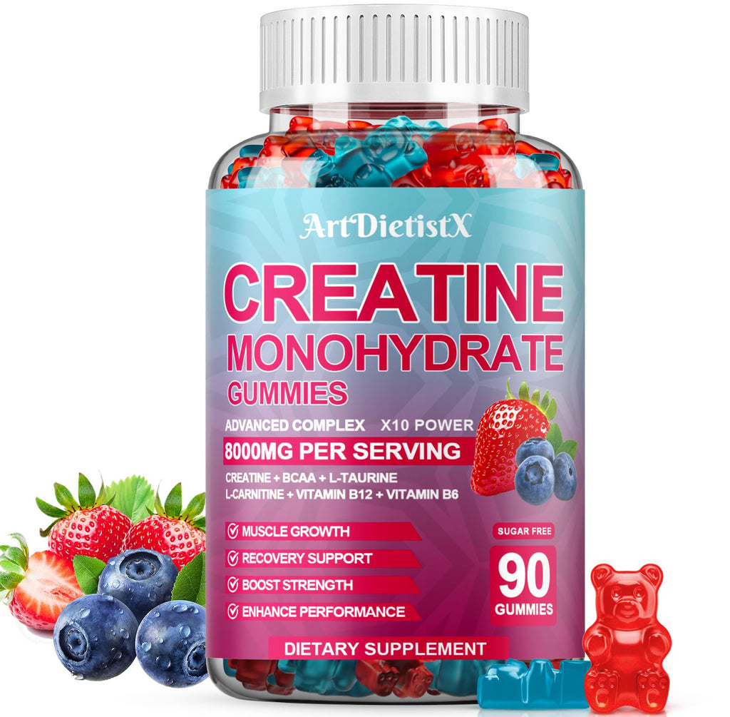 Creatine Monohydrate 8000mg Gummies with BCAA, L-Carnitine, Taurine & Vitamin B12 - Pre Workout Supplement for Muscle Growth, Strength & Energy, Multi-Flavor Chewable Gummies, - FENGGESTORE20