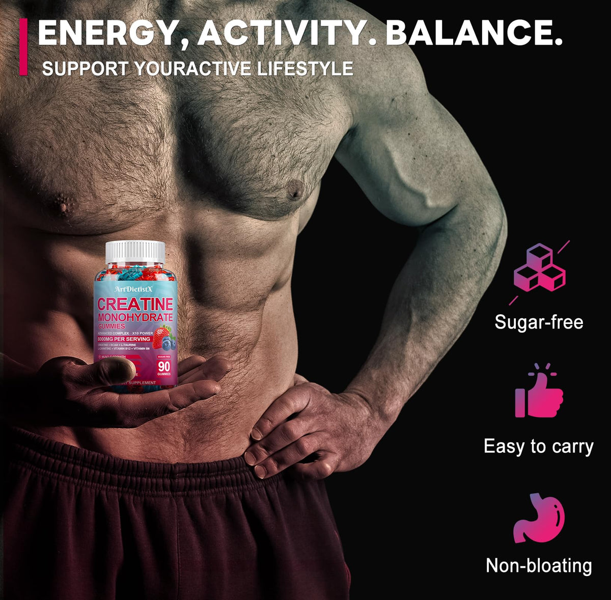 Creatine Monohydrate 8000mg Gummies with BCAA, L-Carnitine, Taurine & Vitamin B12 - Pre Workout Supplement for Muscle Growth, Strength & Energy, Multi-Flavor Chewable Gummies, - FENGGESTORE20