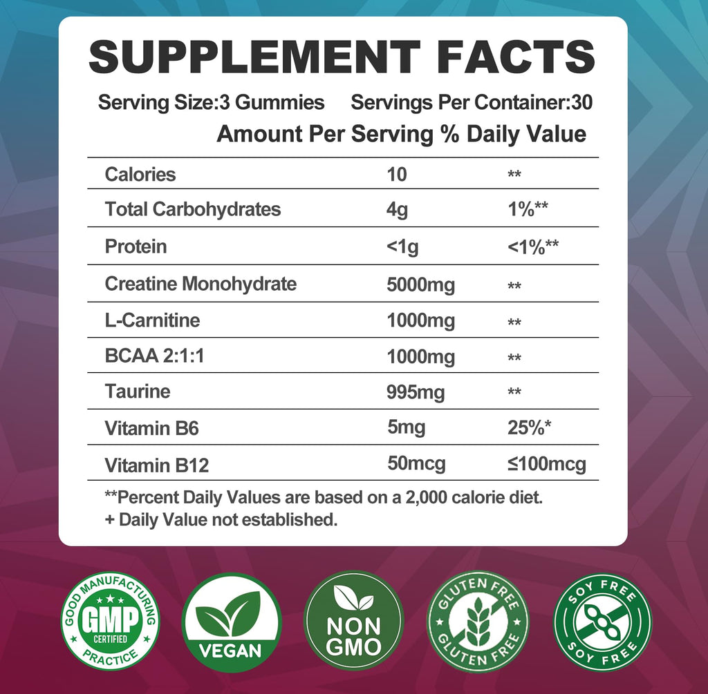 Creatine Monohydrate 8000mg Gummies with BCAA, L-Carnitine, Taurine & Vitamin B12 - Pre Workout Supplement for Muscle Growth, Strength & Energy, Multi-Flavor Chewable Gummies, - FENGGESTORE20
