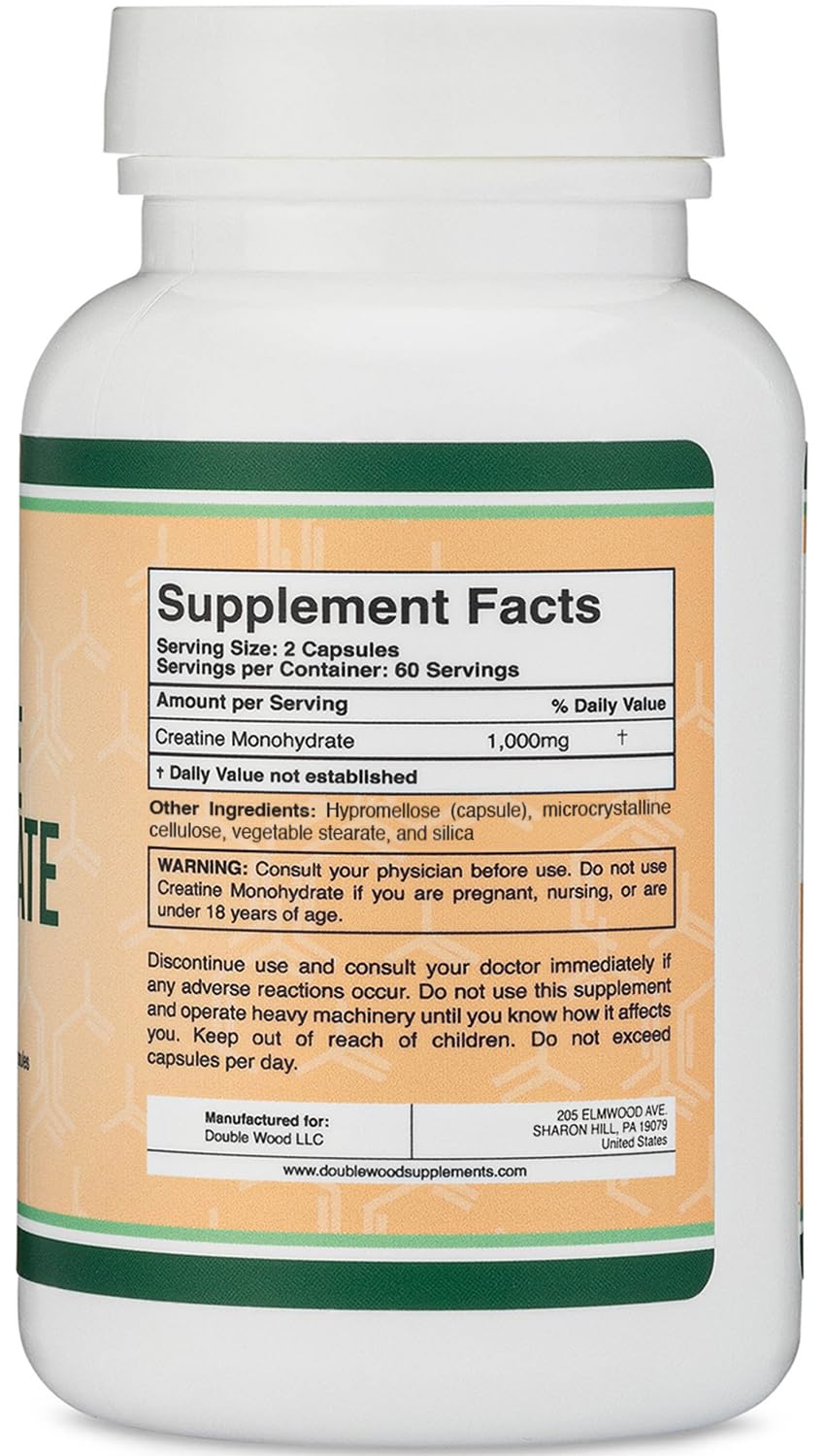 Creatine Monohydrate Capsules - 1g per Serving, 120 Count - No Fillers, Vegan Safe, Non-GMO, Gluten Free by Double Wood (Pack of 2) - FENGGESTORE20