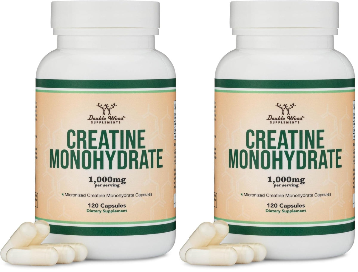 Creatine Monohydrate Capsules - 1g per Serving, 120 Count - No Fillers, Vegan Safe, Non-GMO, Gluten Free by Double Wood (Pack of 2) - FENGGESTORE20