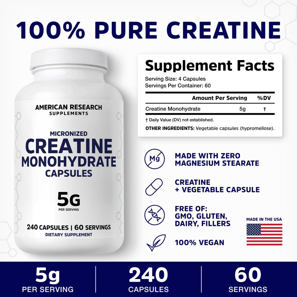 Creatine Monohydrate Capsules 5G | 60 Servings | Vegan | 4 Caps per Serving | Micronized Creatine Pills 5000mg | 240 Capsules | Creatine Pills For Men & Women - FENGGESTORE20