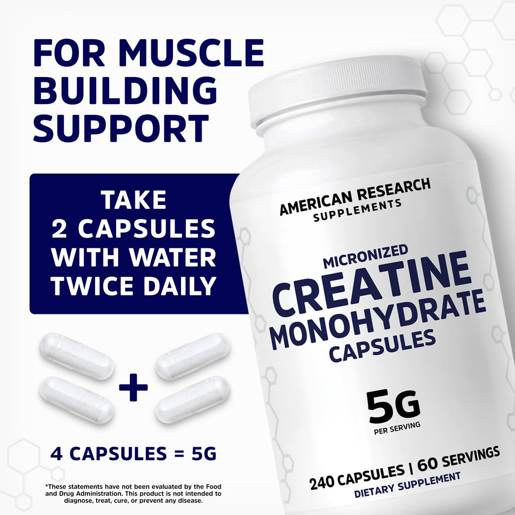 Creatine Monohydrate Capsules 5G | 60 Servings | Vegan | 4 Caps per Serving | Micronized Creatine Pills 5000mg | 240 Capsules | Creatine Pills For Men & Women - FENGGESTORE20