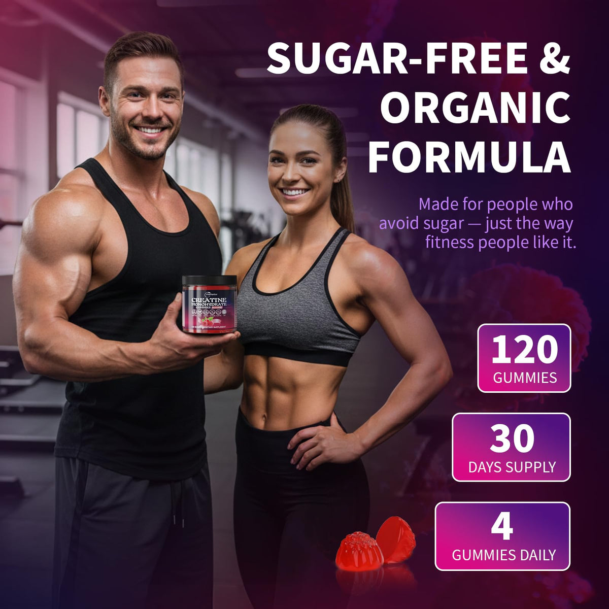 Creatine Monohydrate Gummies 5000mg for Men & Women, Organic Pure Creatine Gummies | Sugar Free,Vegan, Non-GMO,Raspberry Flavor, 120 Count - FENGGESTORE20