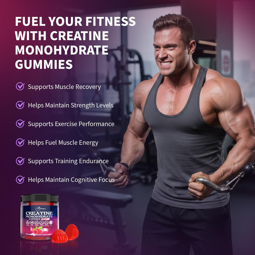 Creatine Monohydrate Gummies 5000mg for Men & Women, Organic Pure Creatine Gummies | Sugar Free,Vegan, Non-GMO,Raspberry Flavor, 120 Count - FENGGESTORE20