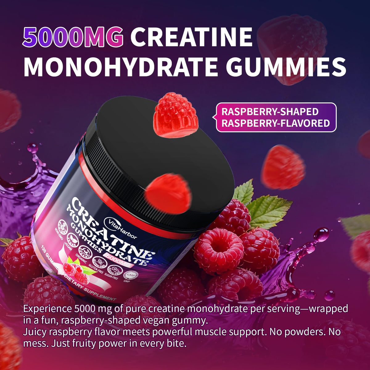 Creatine Monohydrate Gummies 5000mg for Men & Women, Organic Pure Creatine Gummies | Sugar Free,Vegan, Non-GMO,Raspberry Flavor, 120 Count - FENGGESTORE20