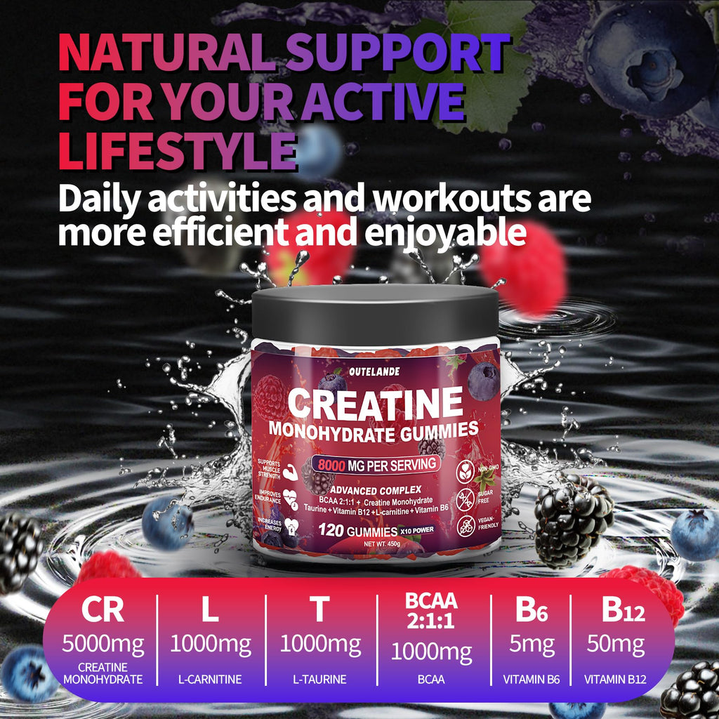 Creatine Monohydrate Gummies 8000 mg for Men & Women, Creatine Supplement for Enhanced Muscle Growth, Energy Boost - with L-Taurine, Sugar Free, Vegan - FENGGESTORE20