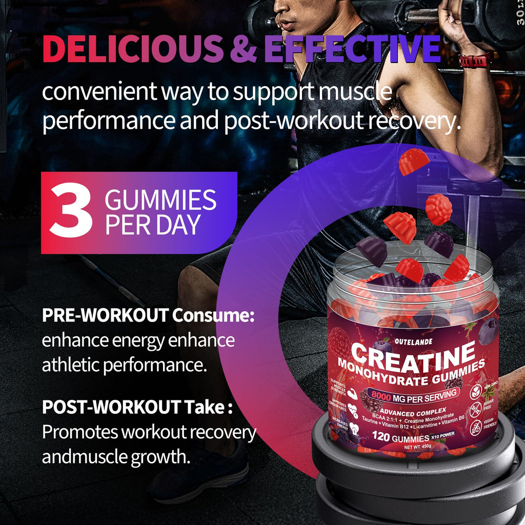 Creatine Monohydrate Gummies 8000 mg for Men & Women, Creatine Supplement for Enhanced Muscle Growth, Energy Boost - with L-Taurine, Sugar Free, Vegan - FENGGESTORE20