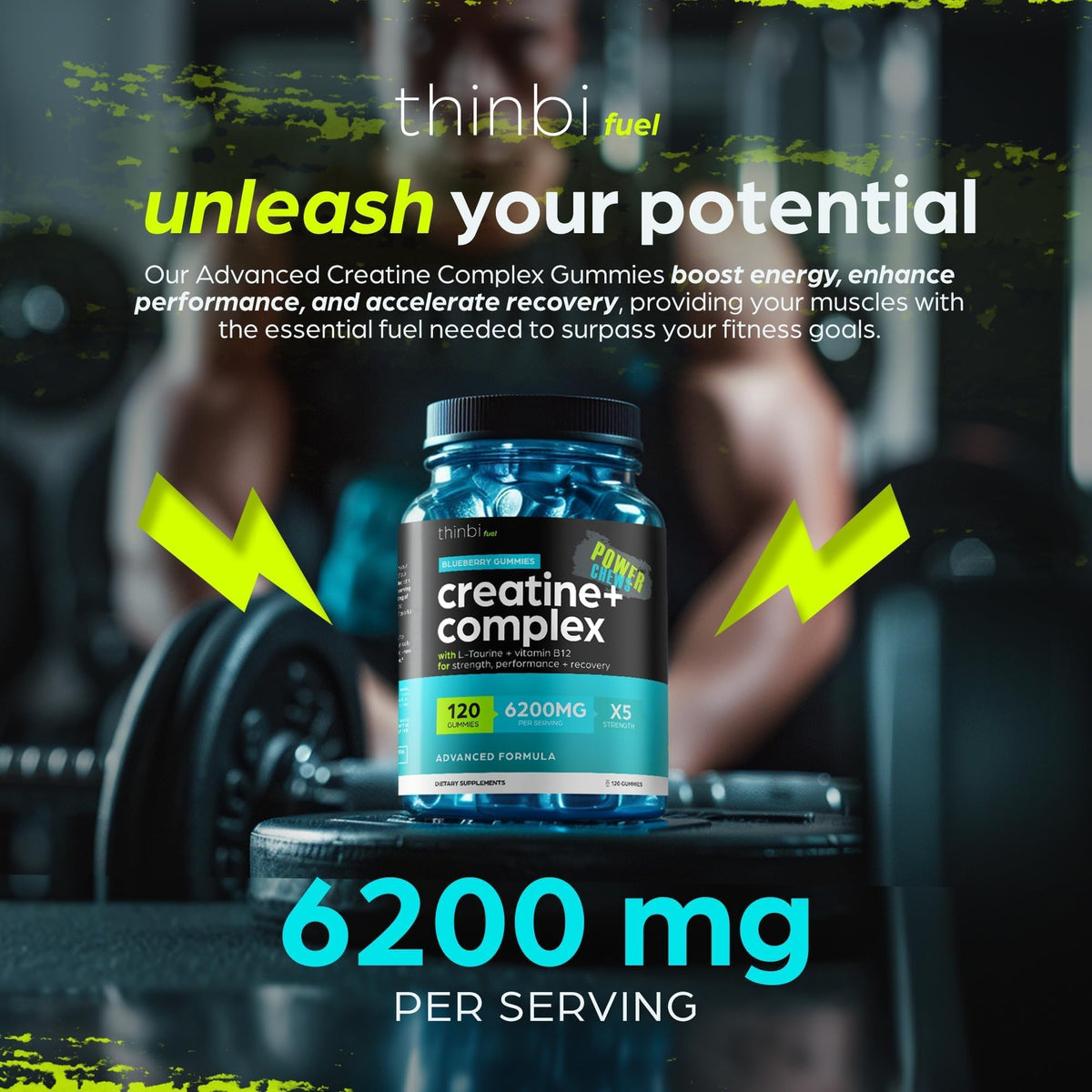 Creatine Monohydrate Gummies Complex 6200mg for Men & Women - 120 Gummies Advanced Formula W/L-Taurine + Vitamin B12 for Muscle Strength, Muscle Builder, Energy Boost - FENGGESTORE20