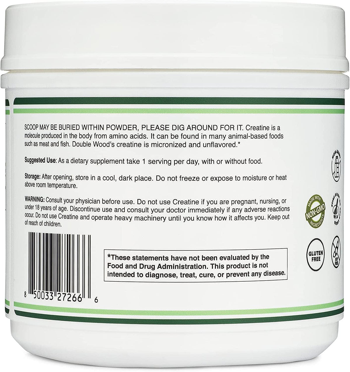 Creatine Monohydrate Powder 1.1lbs (100 Servings of 5 Grams Each) - No Fillers, Vegan Safe, Non-GMO, Gluten Free by Double Wood - FENGGESTORE20