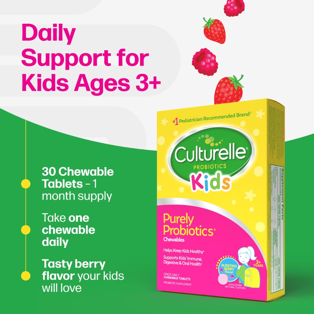 Culturelle Kids Chewable Daily Probiotic for Kids, Ages 3+, 30 Count, #1 Pediatrician-Recommended Brand, Natural Berry Flavored Daily Probiotics - FENGGESTORE20