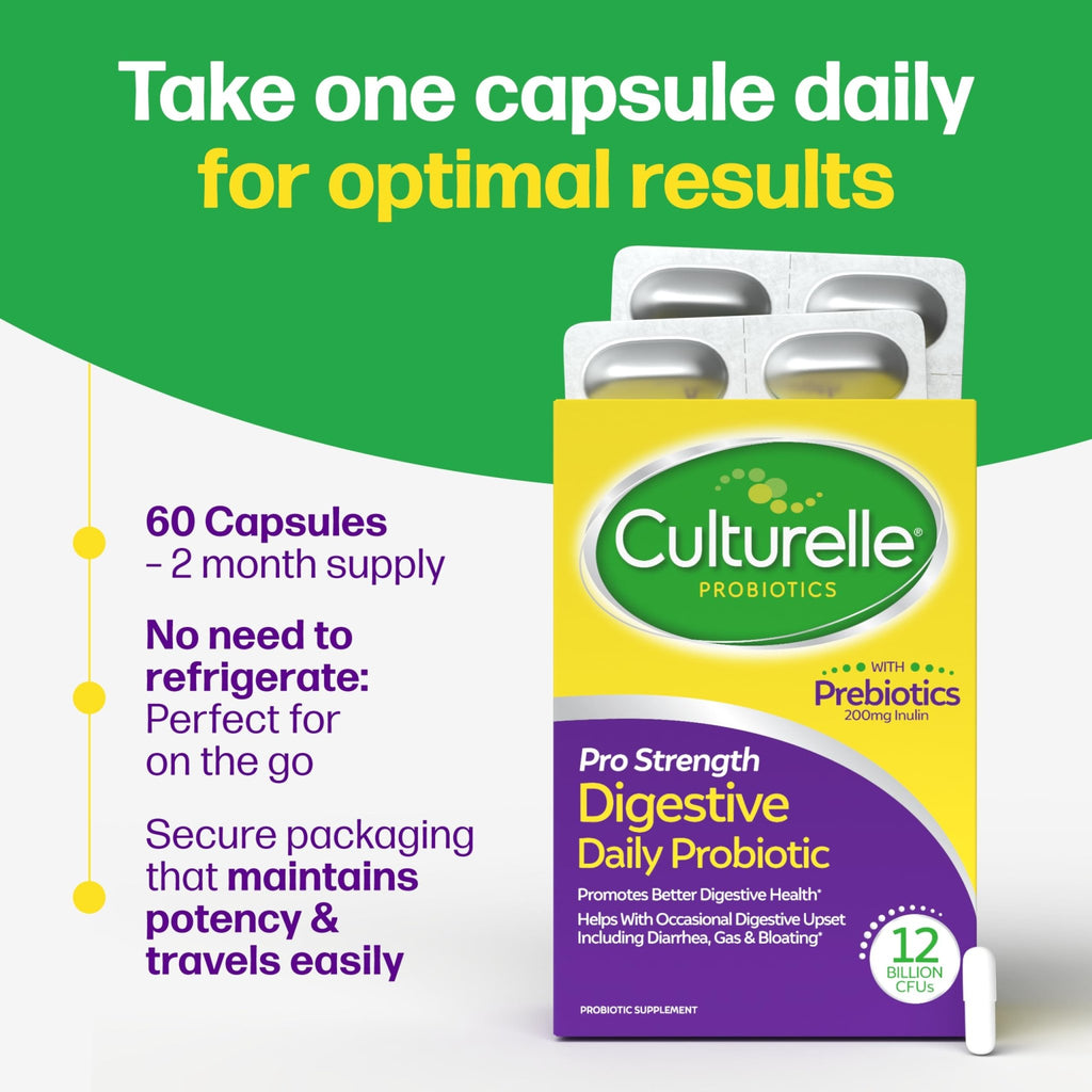 Culturelle Pro Strength Daily Probiotics For Digestive Health (2 Month Supply) with Prebiotics for Women & Men, Supports Occasional Diarrhea - FENGGESTORE20