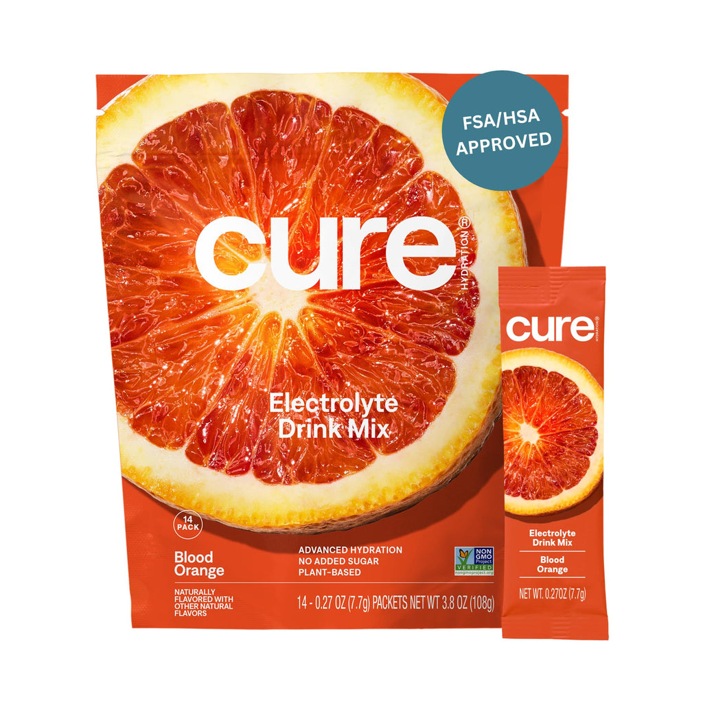 Cure Hydration | Plant-Based Electrolyte Drink Mix | No Added Sugar | FSA-HSA | Dehydration Relief Powder Made with Coconut Water | Non-GMO | Vegan | Pouch of 14 Packets - Blood Orange - FENGGESTORE20
