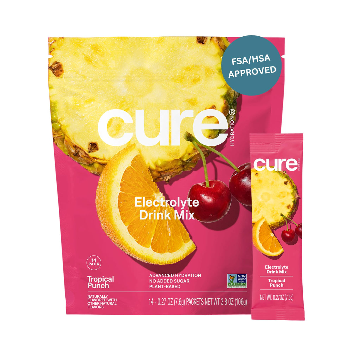 Cure Hydration | Plant-Based Electrolyte Drink Mix | No Added Sugar | FSA-HSA | Dehydration Relief Powder Made with Coconut Water | Non-GMO | Vegan | Pouch of 14 Packets - Tropical Punch - FENGGESTORE20