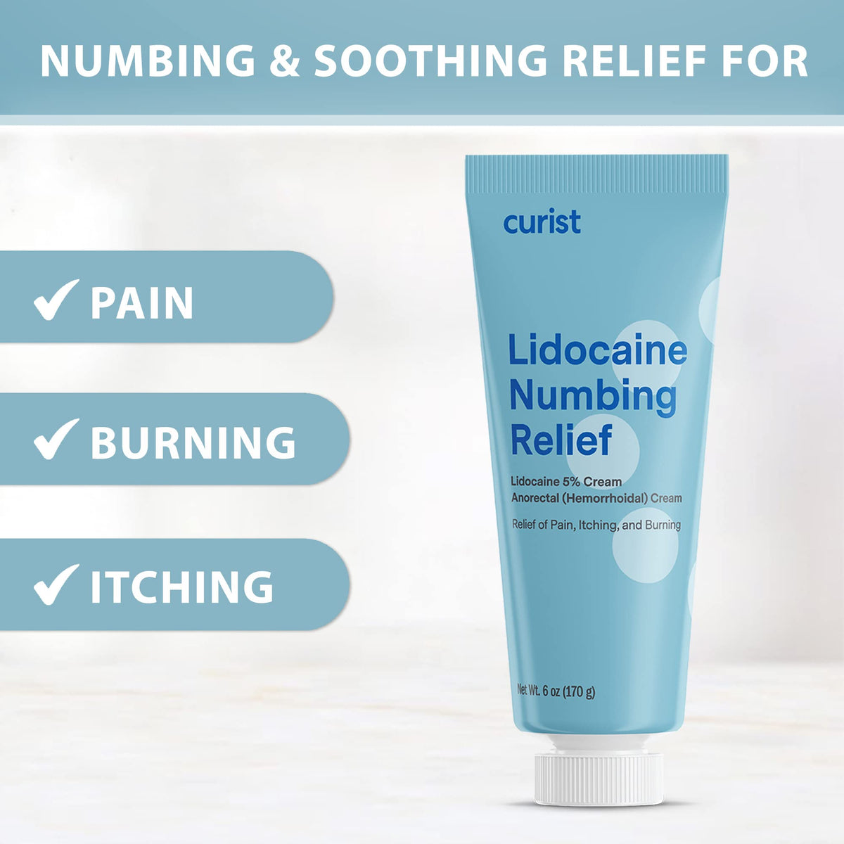 Curist 5% Lidocaine Numbing Cream - 6 oz (170 g) XL Tube - Soothing Numbing Cream for Temporary Discomfort, Itching, and Burning from Hemorrhoids Lidocaine 5% (1 Pack - 6 oz Tube) - FENGGESTORE20