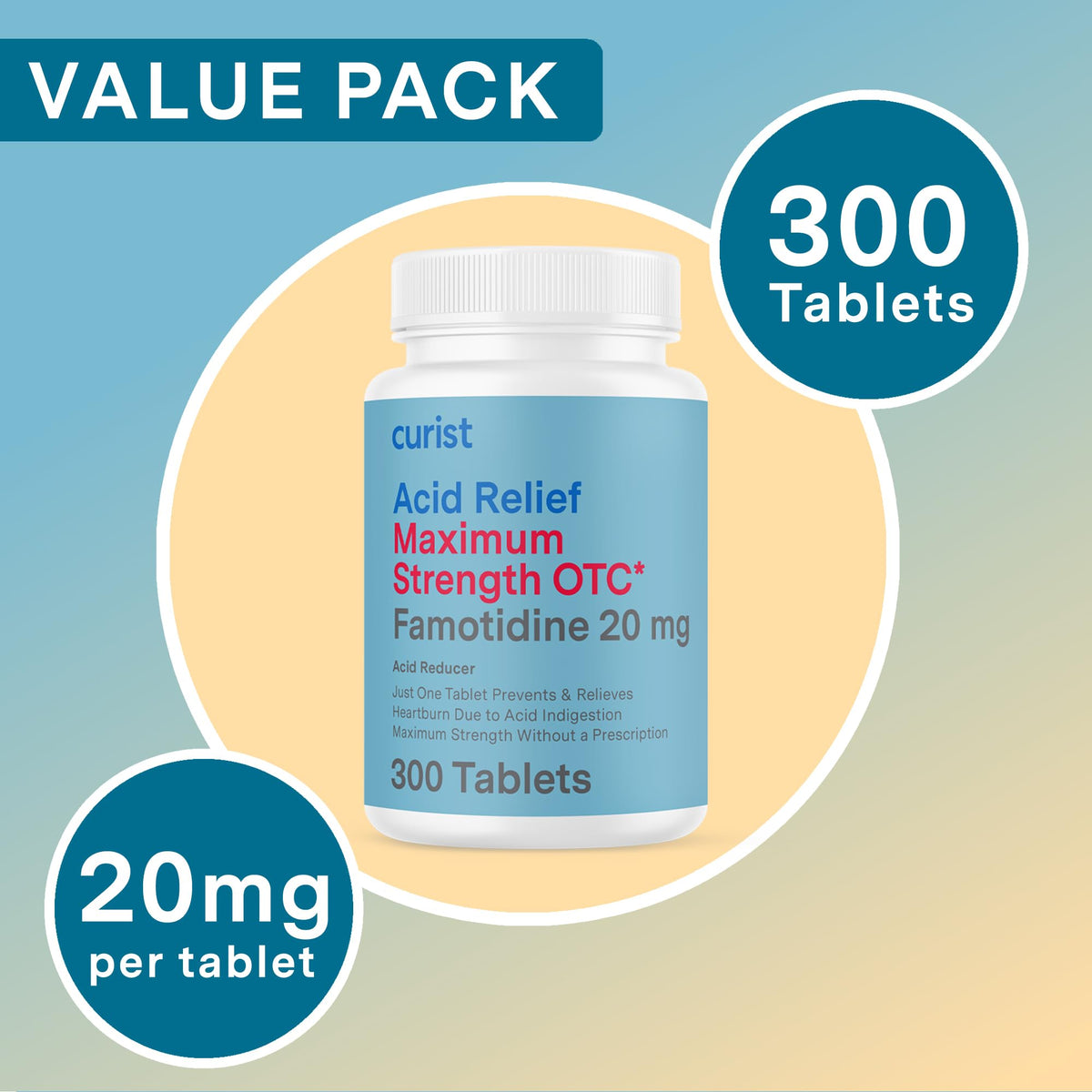 Curist Famotidine 20mg Bulk Pack (300 Count Tablets) Acid Reflux Medicine for Heartburn Relief - OTC Maximum Strength Stomach Acid Reducer - Anti Acid Relief Tablets for Indigestion Heartburn Relief - FENGGESTORE20