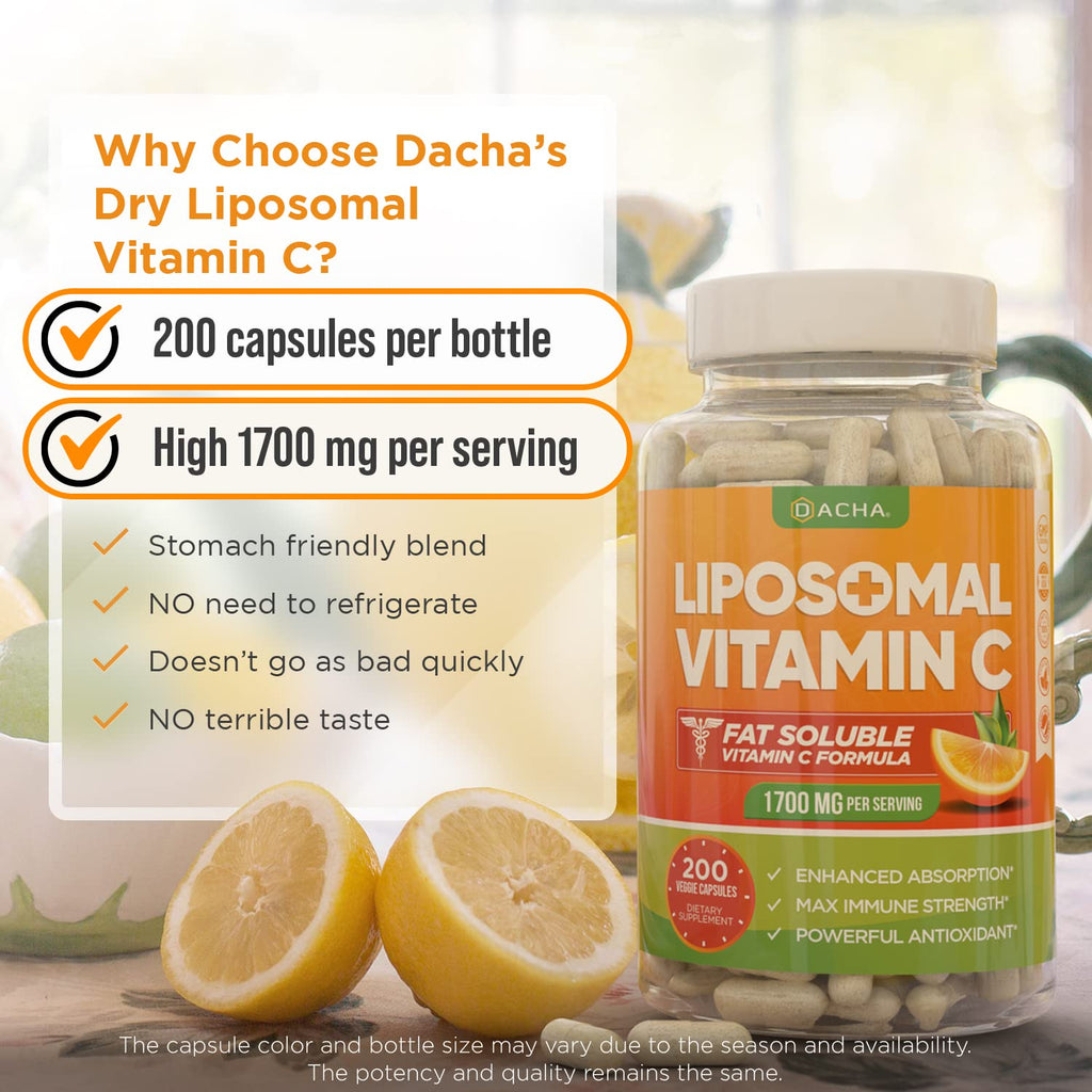 DACHA Natural Liposomal Vitamin C - 1700mg, 200 Capsules, Immune System & Collagen Booster, High Absorption Fat Soluble VIT C - FENGGESTORE20