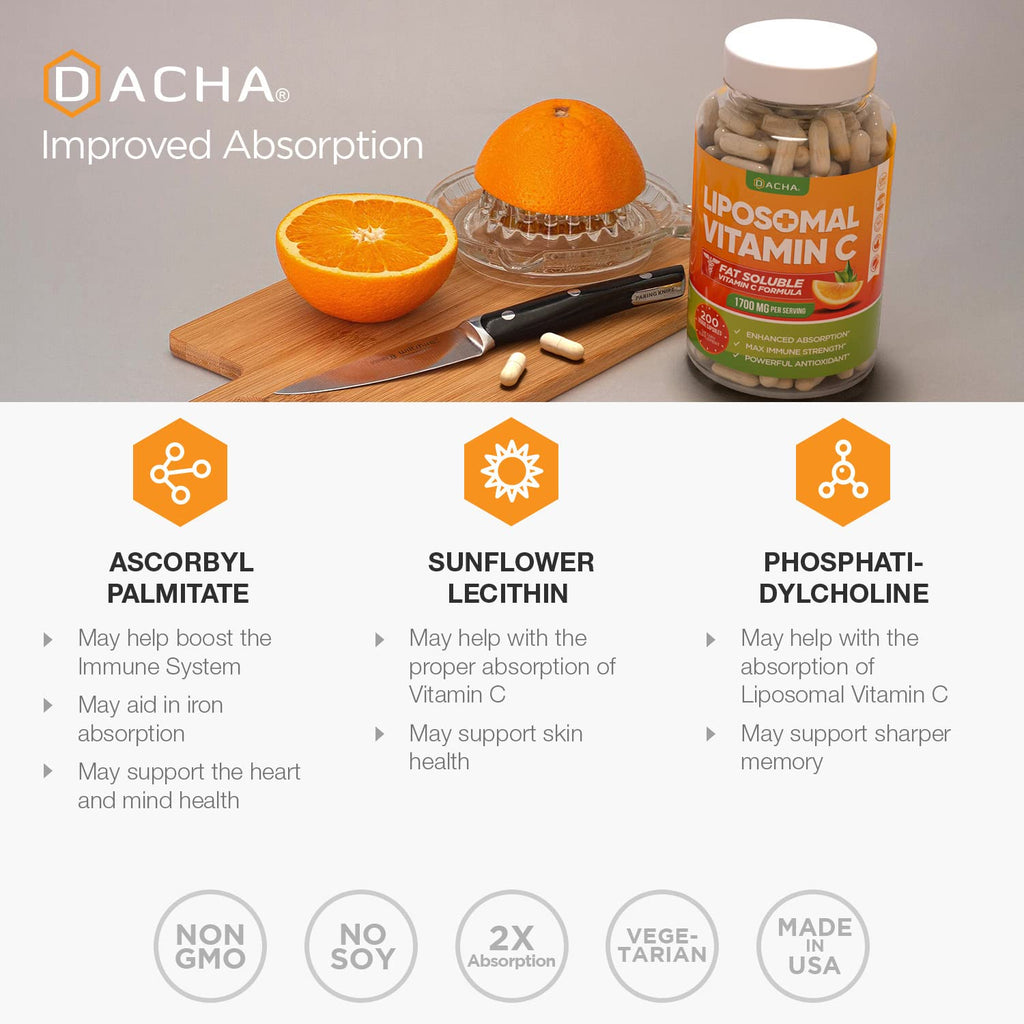 DACHA Natural Liposomal Vitamin C - 1700mg, 200 Capsules, Immune System & Collagen Booster, High Absorption Fat Soluble VIT C - FENGGESTORE20