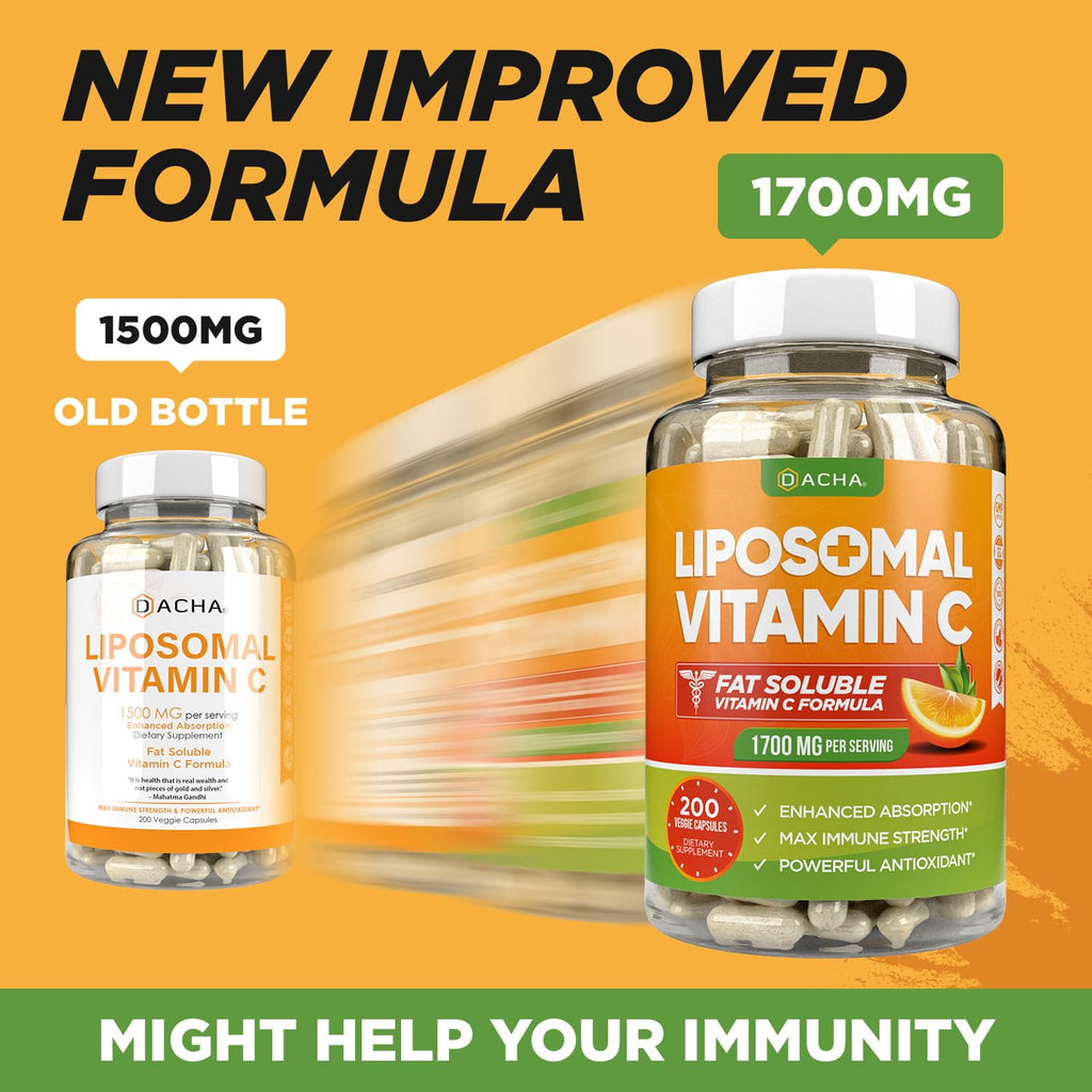 DACHA Natural Liposomal Vitamin C - 1700mg, 200 Capsules, Immune System & Collagen Booster, High Absorption Fat Soluble VIT C - FENGGESTORE20