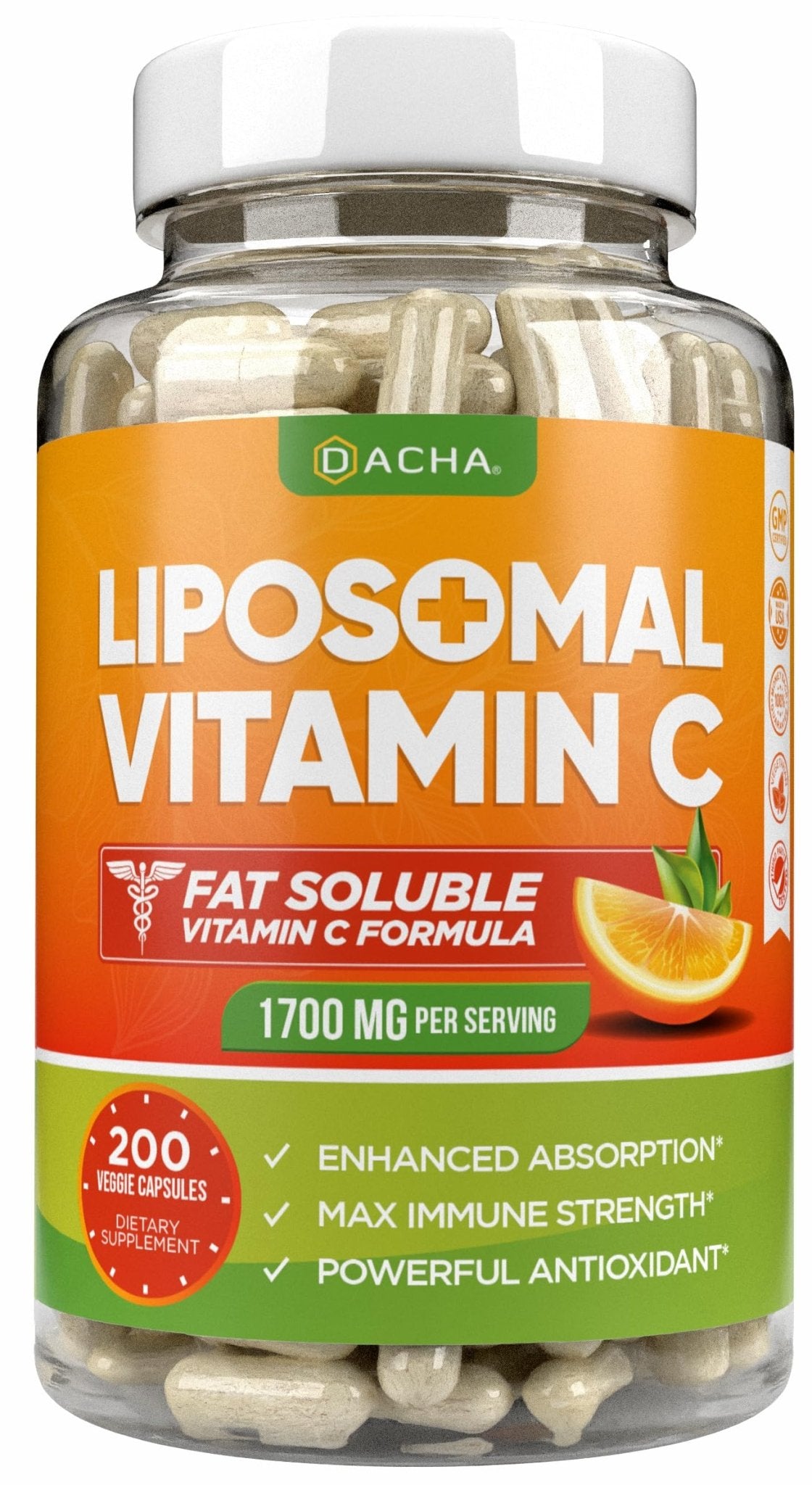 DACHA Natural Liposomal Vitamin C - 1700mg, 200 Capsules, Immune System & Collagen Booster, High Absorption Fat Soluble VIT C - FENGGESTORE20