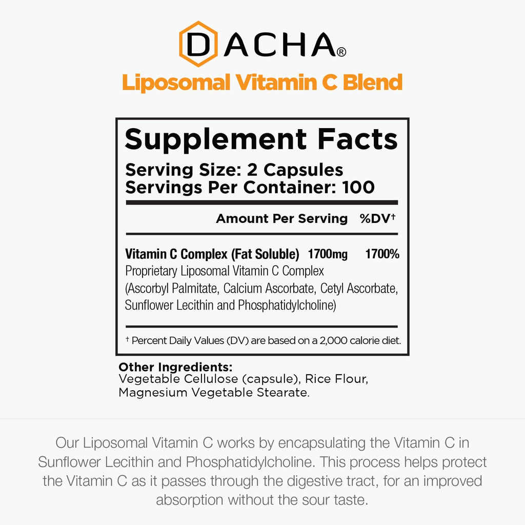DACHA Natural Liposomal Vitamin C - 1700mg, 200 Capsules, Immune System & Collagen Booster, High Absorption Fat Soluble VIT C - FENGGESTORE20