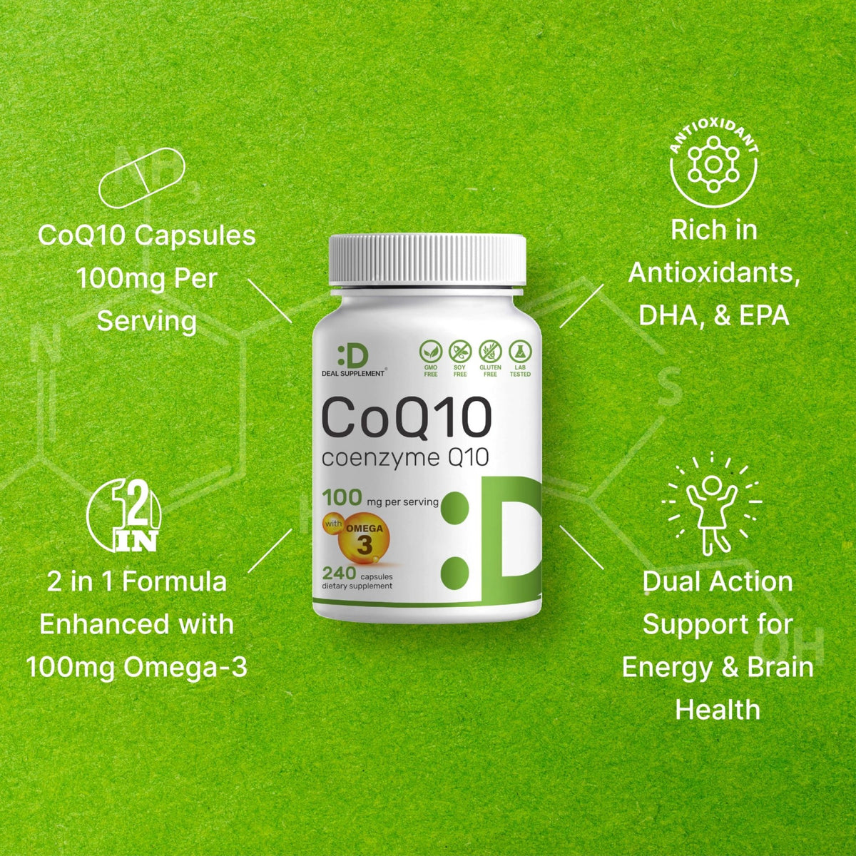 DEAL SUPPLEMENT CoQ10 100mg with Omega 3 100mg, 240 Capsules | Bioavailable Coenzyme Q10 Formula | Non-GMO - FENGGESTORE20