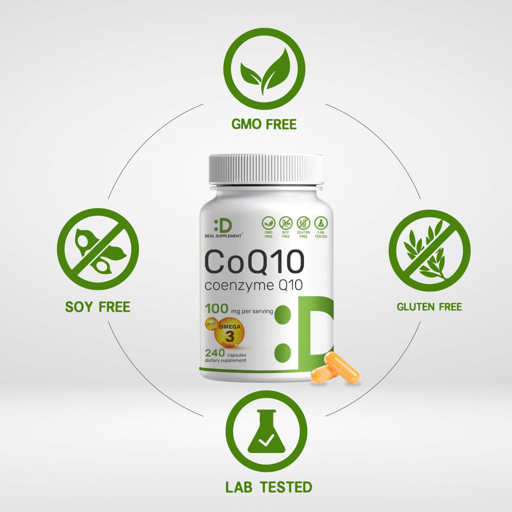 DEAL SUPPLEMENT CoQ10 100mg with Omega 3 100mg, 240 Capsules | Bioavailable Coenzyme Q10 Formula | Non-GMO - FENGGESTORE20