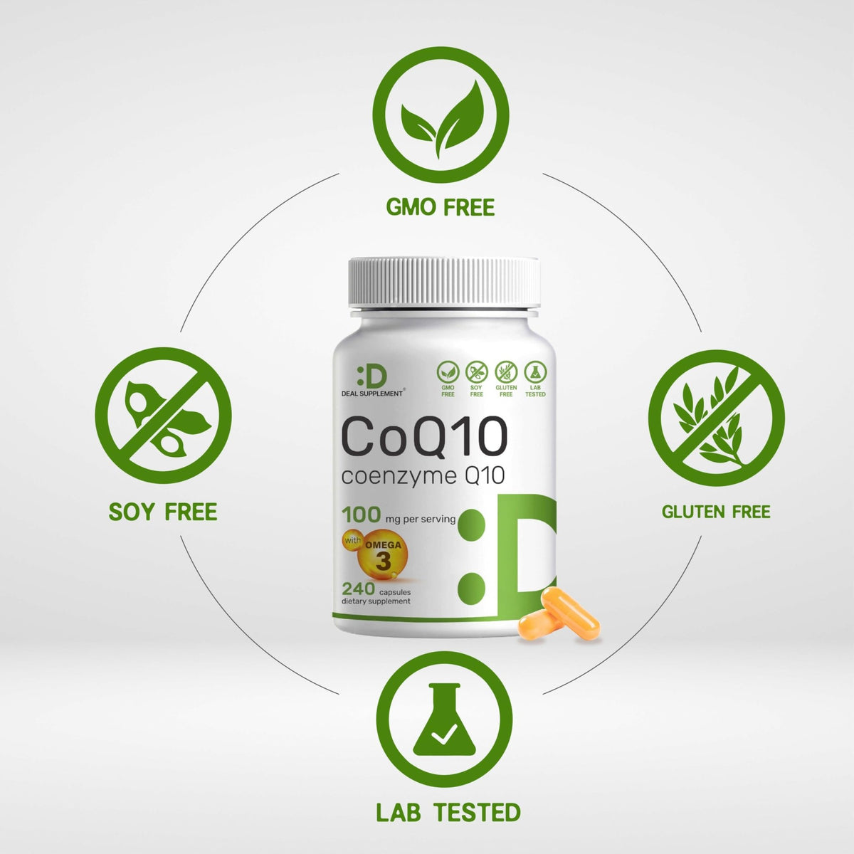 DEAL SUPPLEMENT CoQ10 100mg with Omega 3 100mg, 240 Capsules | Bioavailable Coenzyme Q10 Formula | Non-GMO - FENGGESTORE20