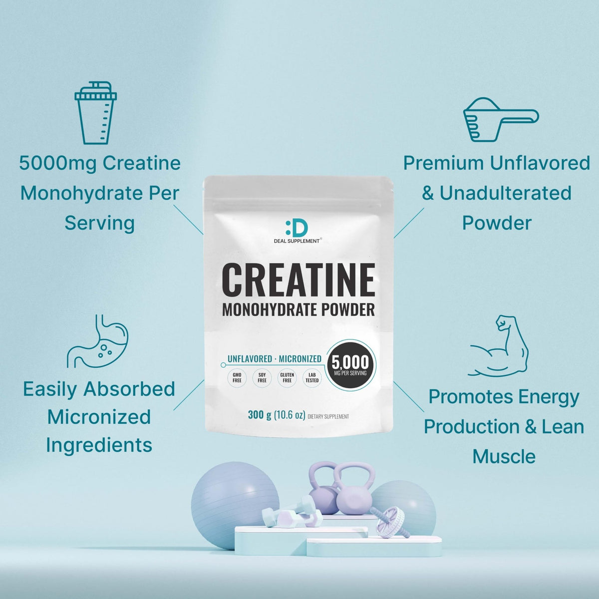 DEAL SUPPLEMENT Instant Creatine Monohydrate Powder, 5g Per Serving – 60 Servings | Micronized, Unflavored, Fast Absorbing Formula - FENGGESTORE20
