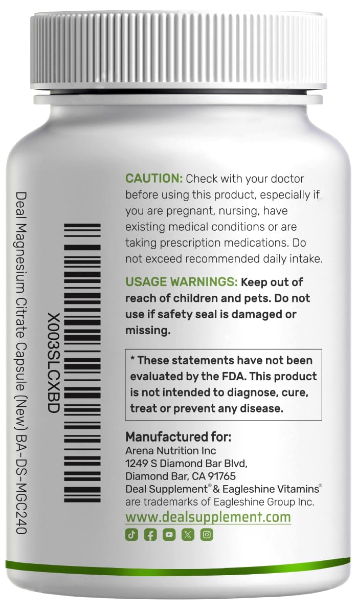 DEAL SUPPLEMENT Magnesium Citrate 500mg, 240 Capsules | Easily Absorbed, Purified Trace Mineral – One a Day, Non-GMO - FENGGESTORE20