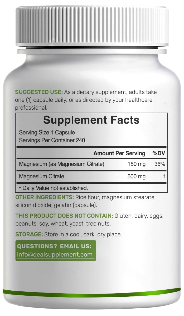 DEAL SUPPLEMENT Magnesium Citrate 500mg, 240 Capsules | Easily Absorbed, Purified Trace Mineral – One a Day, Non-GMO - FENGGESTORE20