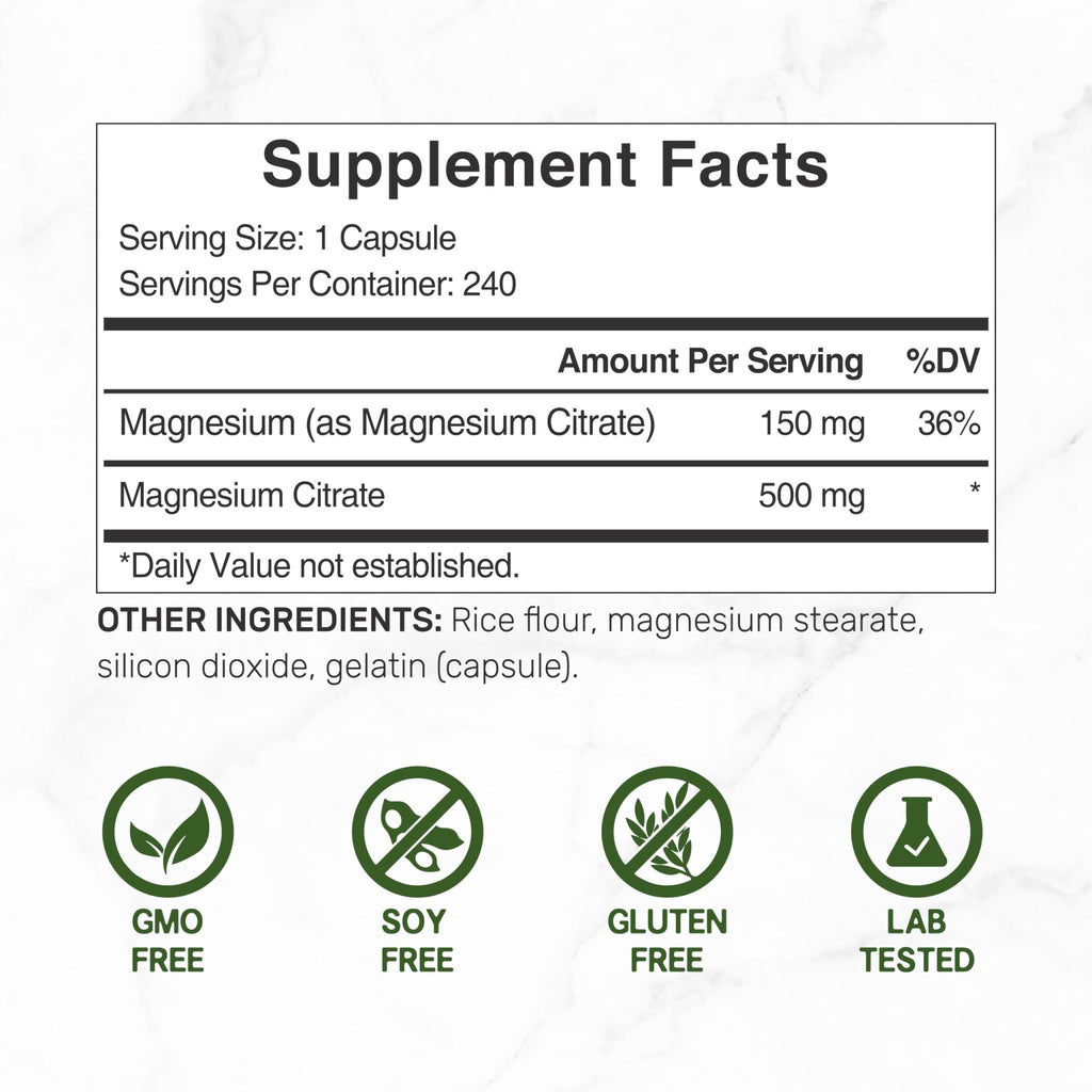 DEAL SUPPLEMENT Magnesium Citrate 500mg, 240 Capsules | Easily Absorbed, Purified Trace Mineral – One a Day, Non-GMO - FENGGESTORE20