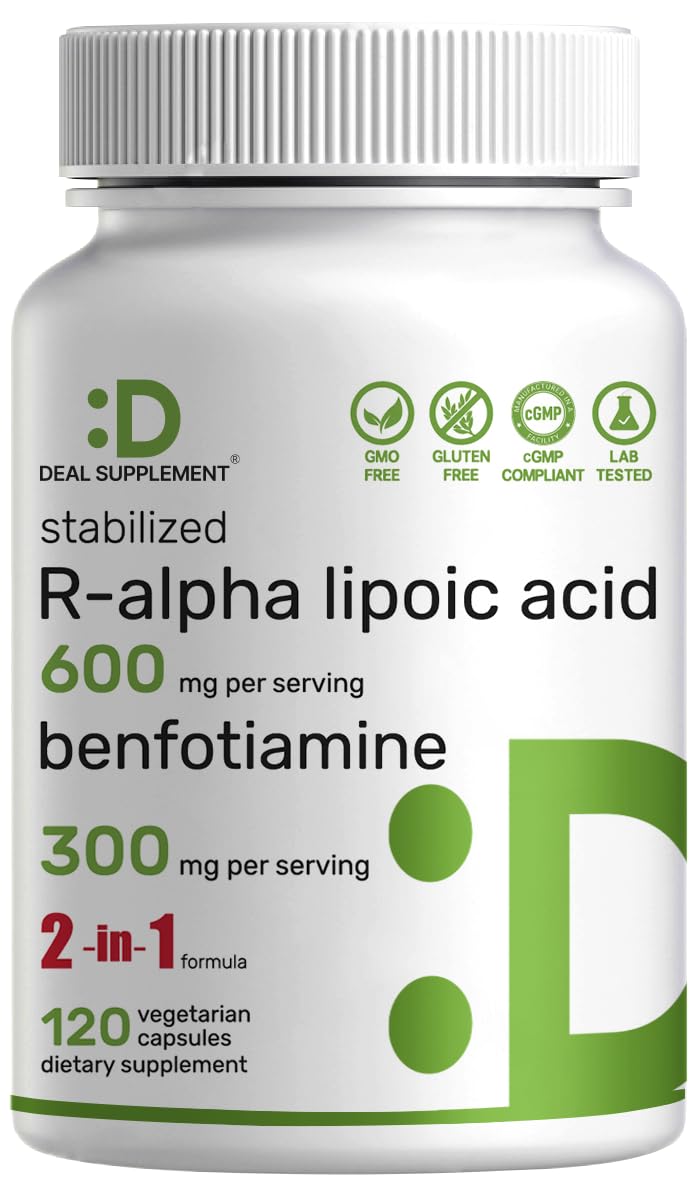 DEAL SUPPLEMENT R Alpha Lipoic Acid 600mg with Benfotiamine 300mg Per Serving, 120 Veggie Capsules – 200mg R-ALA Per Capsule – Antioxidant Supplement - FENGGESTORE20