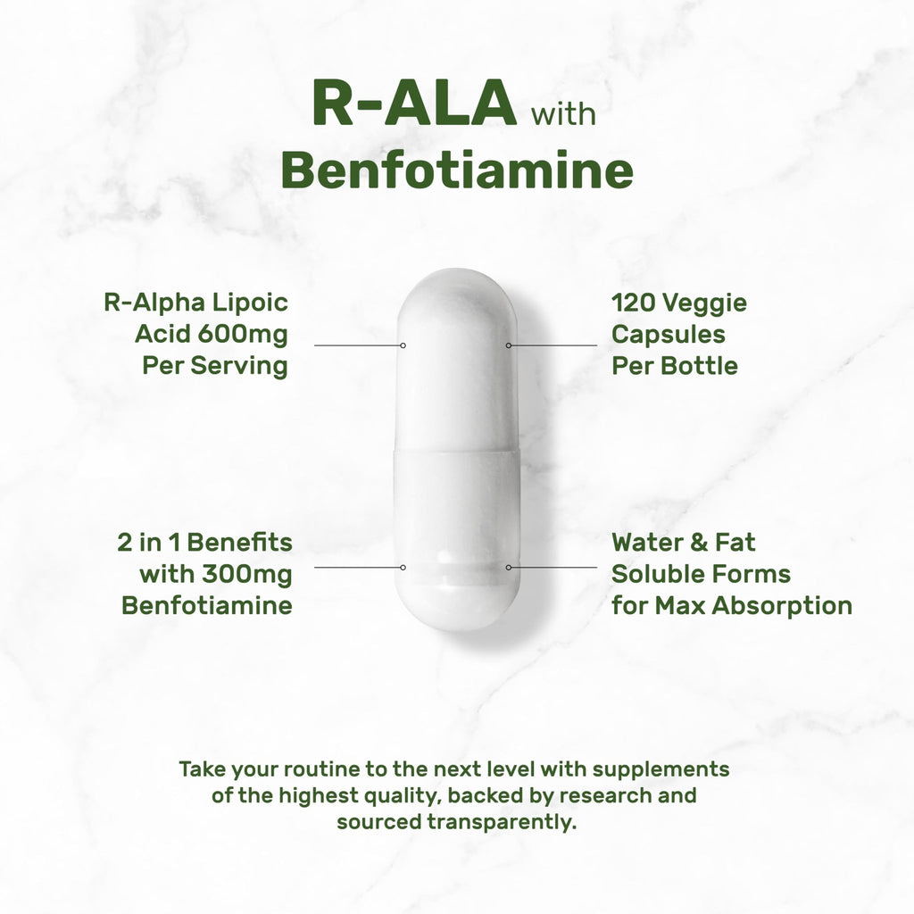 DEAL SUPPLEMENT R Alpha Lipoic Acid 600mg with Benfotiamine 300mg Per Serving, 120 Veggie Capsules – 200mg R-ALA Per Capsule – Antioxidant Supplement - FENGGESTORE20